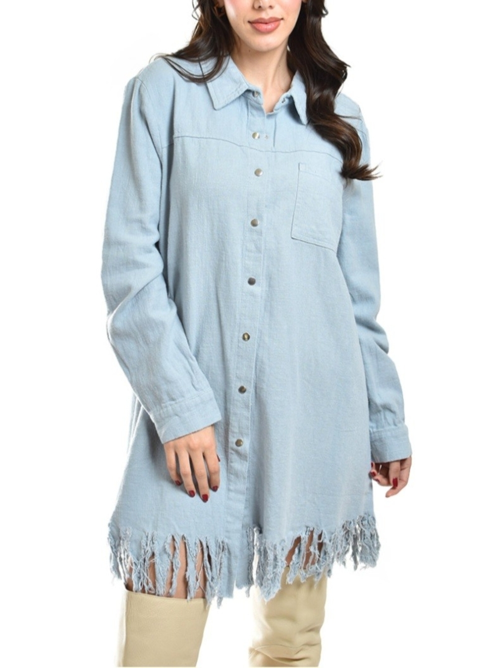 Blue B Women's Oversized Blue Button Shirt Dress Linen Blend Frayed Fringe Hem M